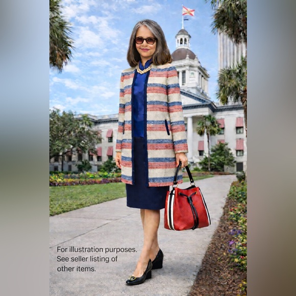 Tahari 4P Tweed Jacket/Coat – Navy Trim Talbots Red, Blue, and Cream - Picture 2 of 8